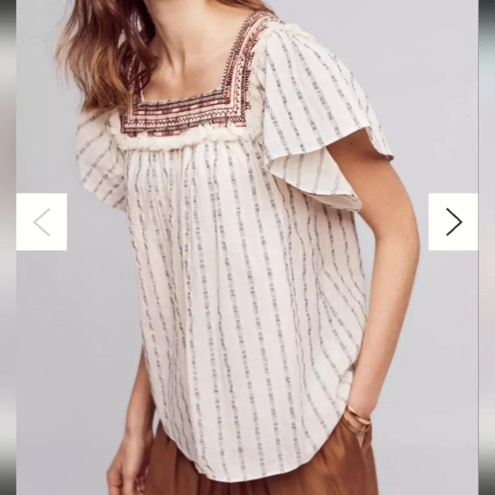 Anthropologie Lydia Striped Embroidered Blouse in Neutral Size Medium